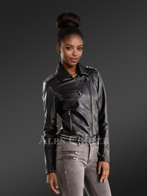 Ladies’ Leather Jacket in Black with rivets and asymmetrical zip-lock closure