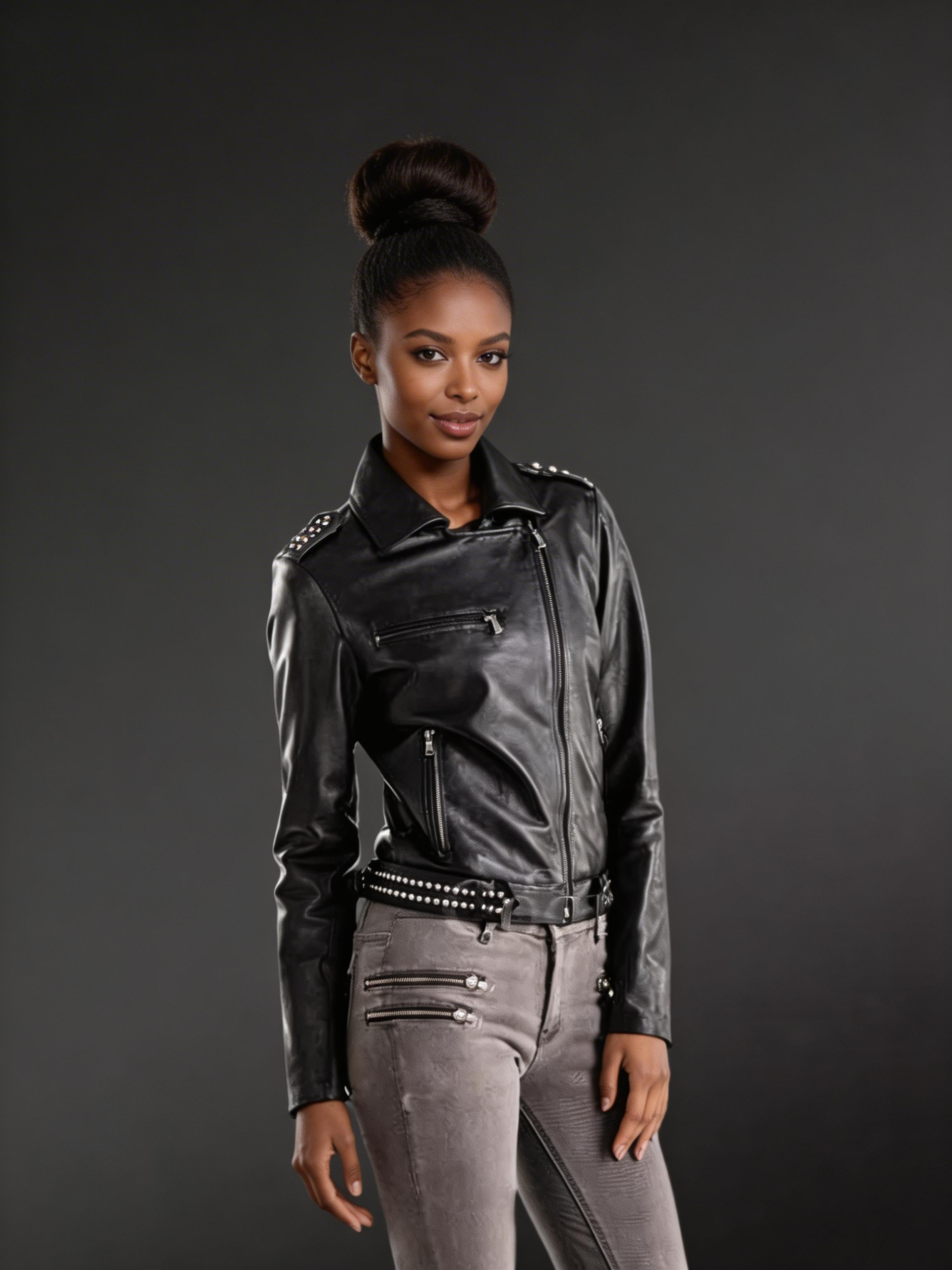 Ladies’ Leather Jacket in Black with rivets and asymmetrical zip-lock closure - Image 2
