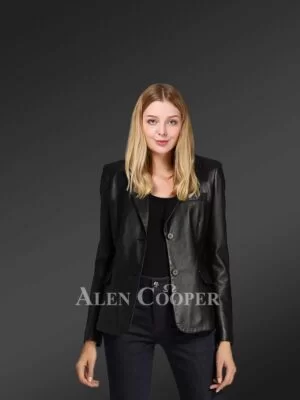 Ladies’ black leather blazer for greater charm and appeal