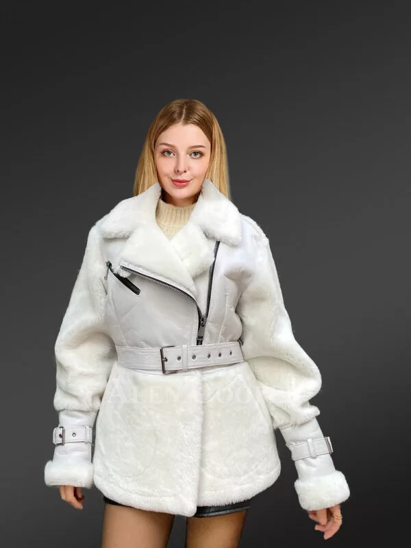 Sheepskin Military Jacket in White for Women - Image 3