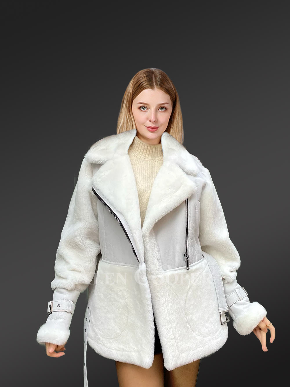 Sheepskin Military Jacket in White for Women - Image 8