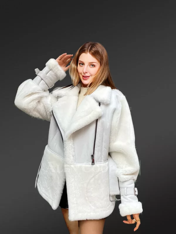 Sheepskin Military Jacket in White for Women - Image 9
