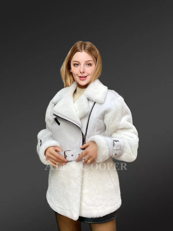 Sheepskin Military Jacket in White for Women - Image 4
