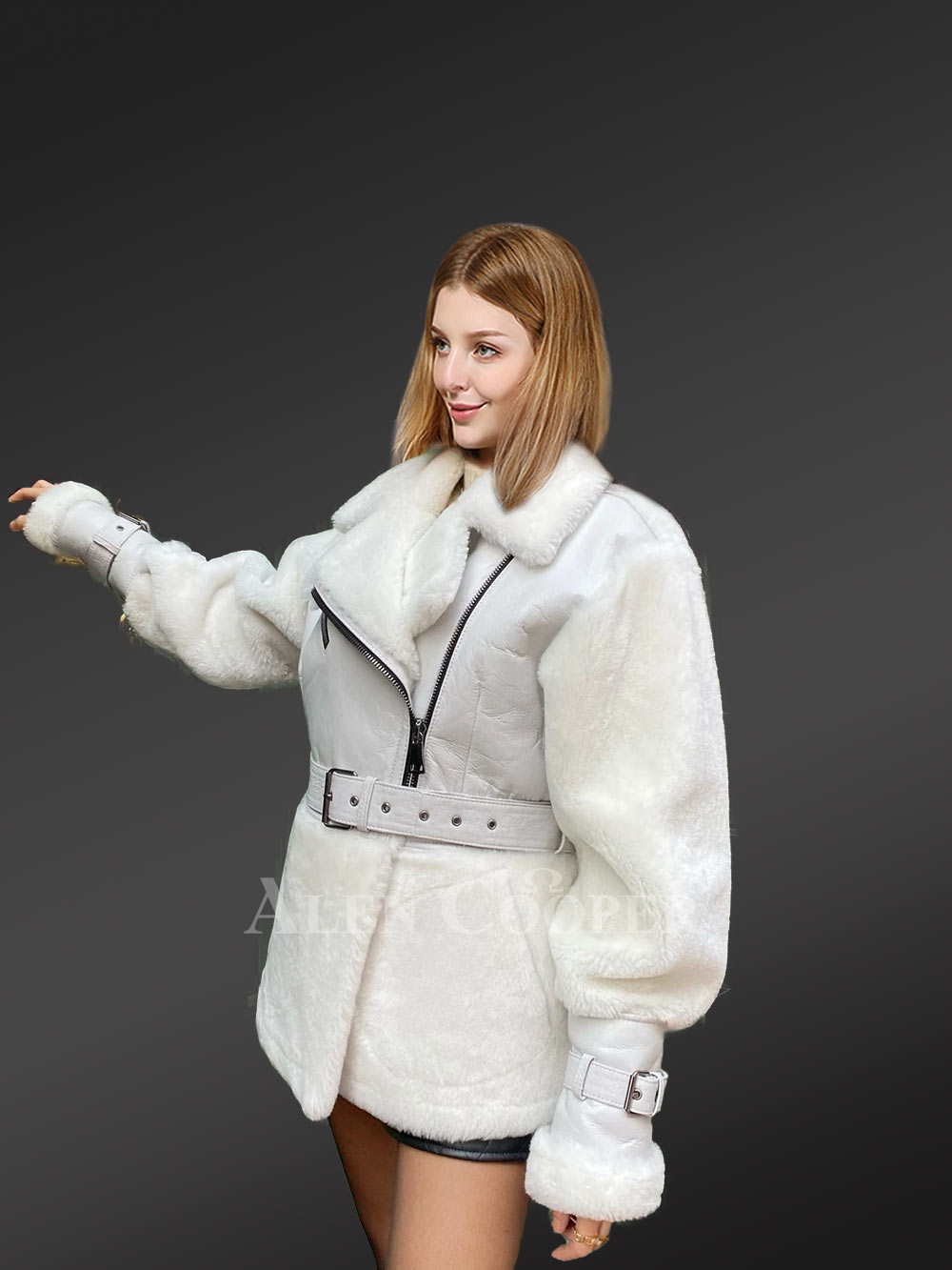 Sheepskin Military Jacket in White for Women - Image 6