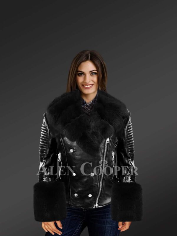 Leather Biker Jacket With Fox Fur Collar And Cuffs