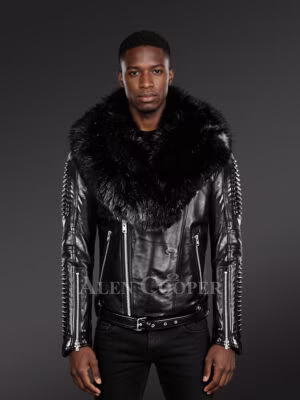 Men’s Authentic Leather Biker Jacket with Chic Fur Collar