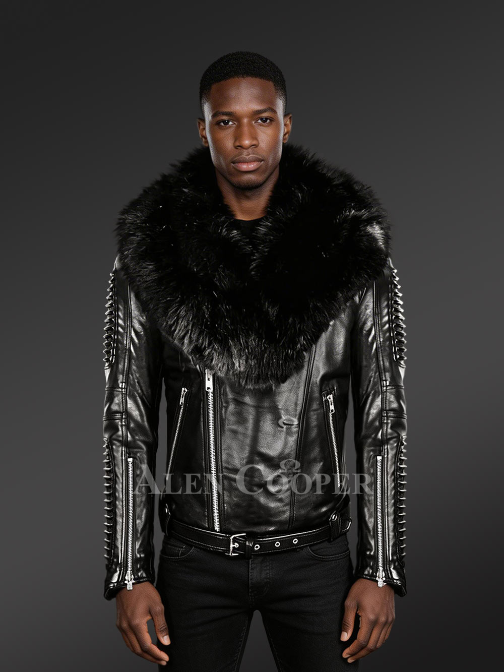 Men’s Authentic Leather Biker Jacket with Chic Fur Collar