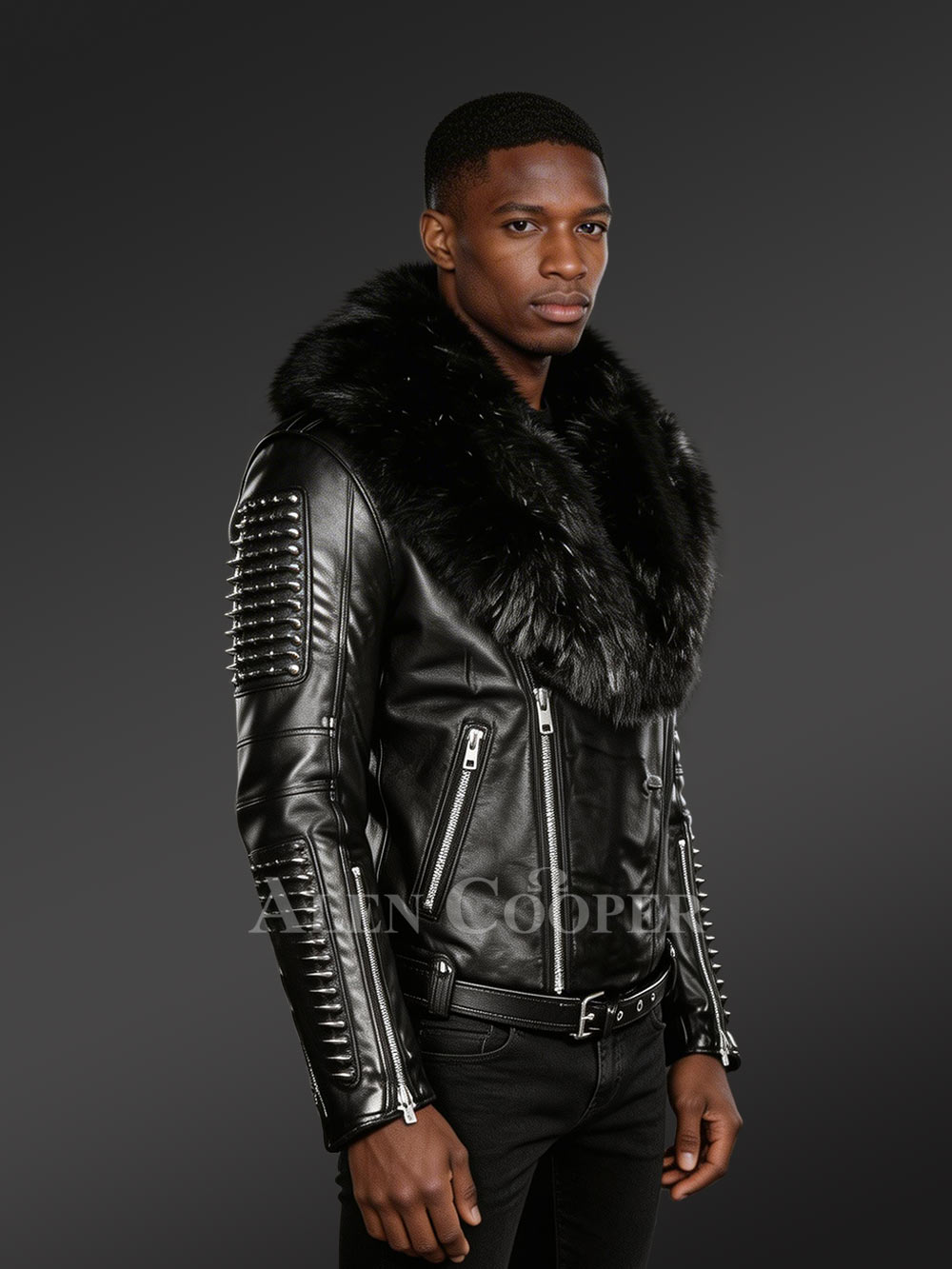 Men’s Authentic Leather Biker Jacket with Chic Fur Collar - Image 2
