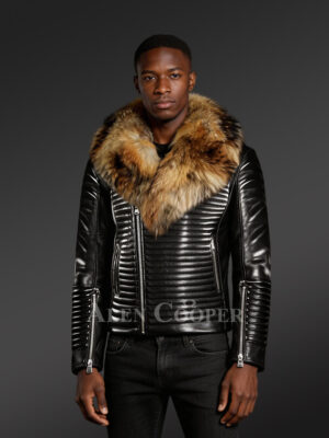 Leather Biker Jacket with Fur in Shawl Style Collar