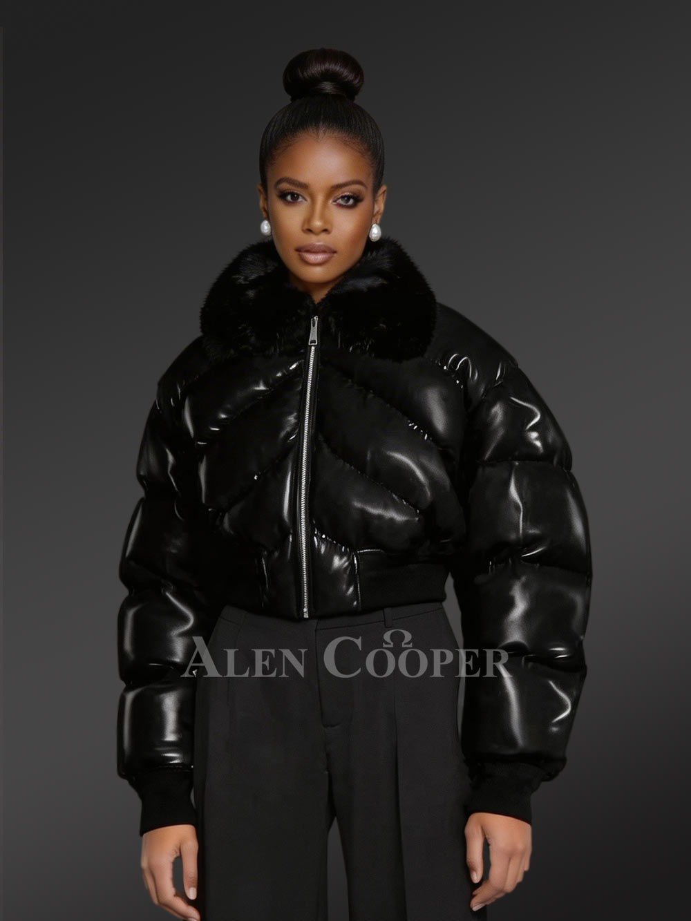 Leather Bomber Jacket with Fox Fur Collar for Women
