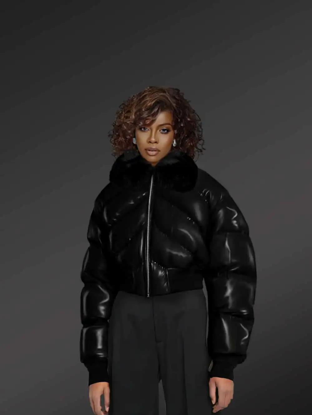 Leather Bomber Jacket with Fox Fur Collar for Women - Image 2