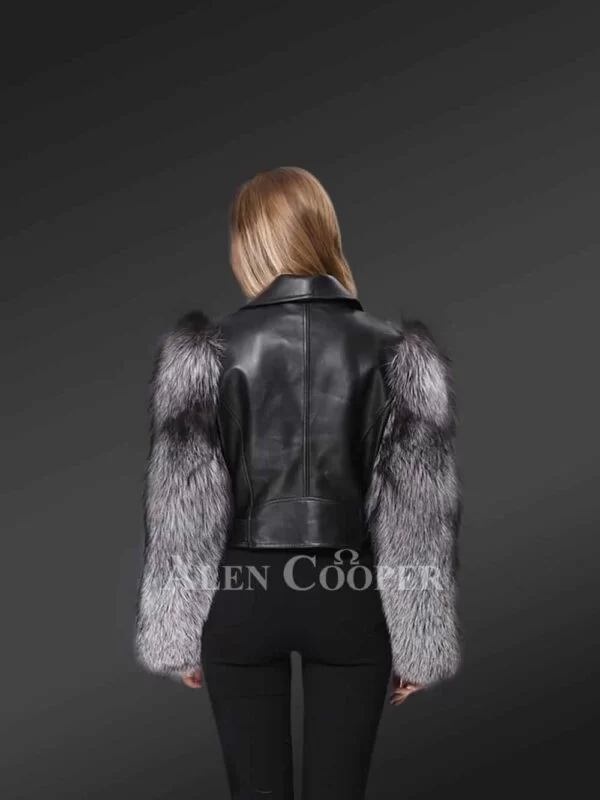 Leather Crop Jacket with Fox Fur Sleeves - Image 4