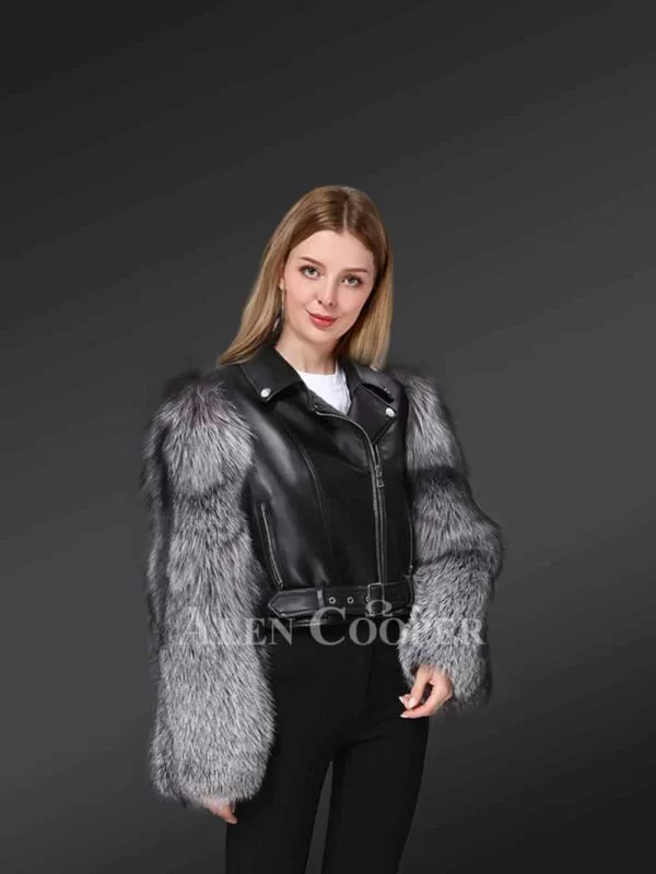 Leather Crop Jacket with Fox Fur Sleeves - Image 2