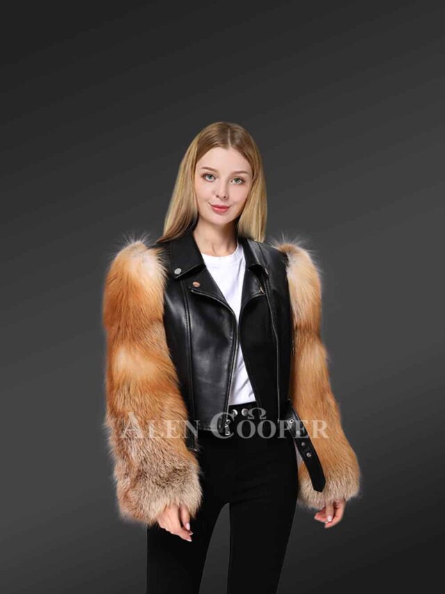 black leather jacket with Red fox fur sleeves