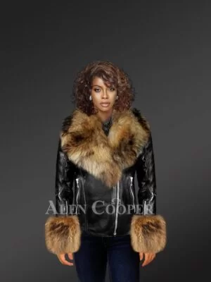 Leather Jacket With Detachable Fox Fur Hood And Cuffs