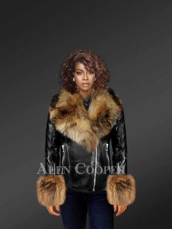 Leather Jacket With Detachable Fox Fur Hood And Cuffs