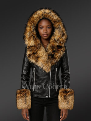 Leather Jacket for Women with Detachable Fox Fur Hood and Handcuffs