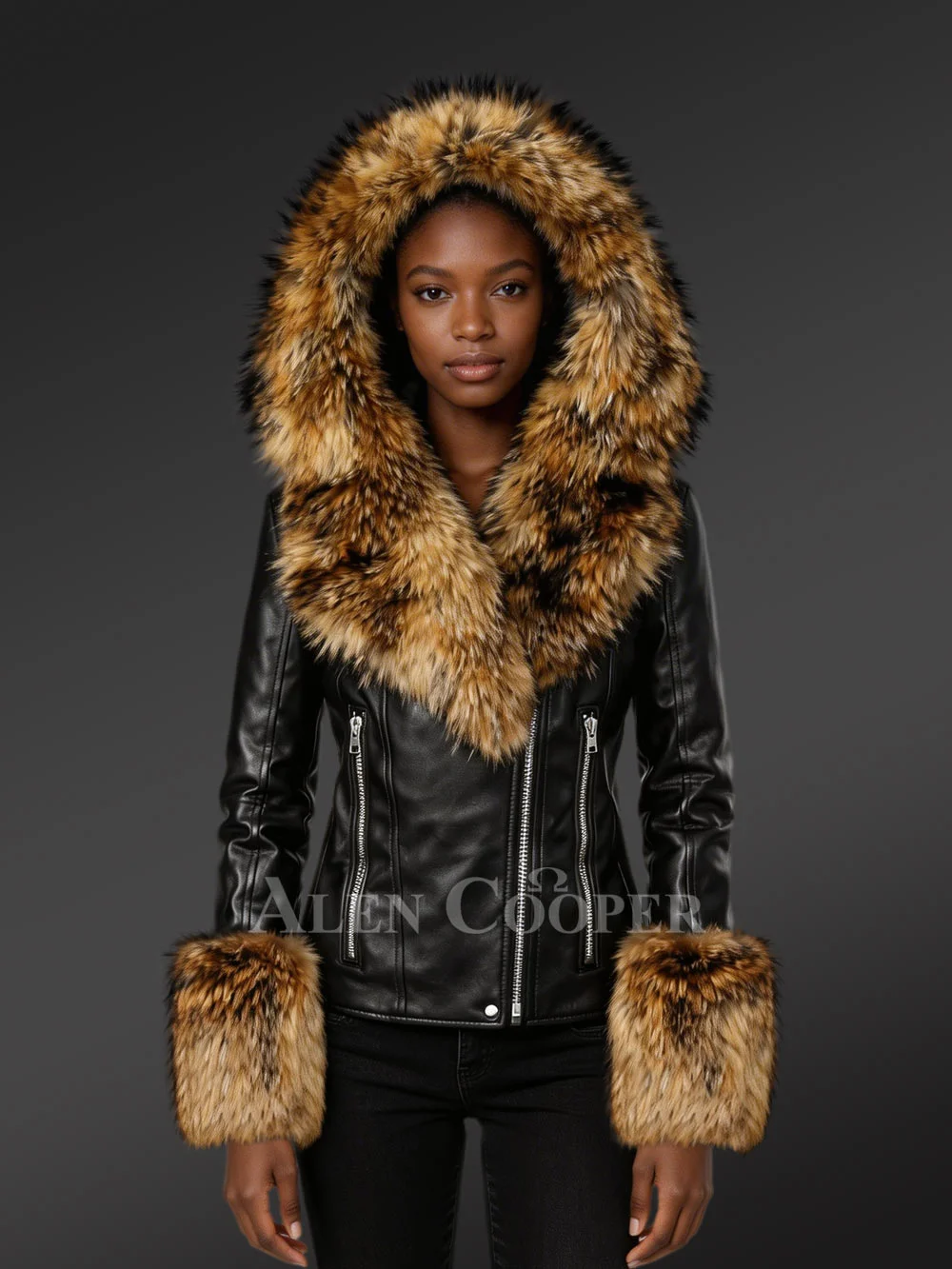 Leather Jacket for Women with Detachable Fox Fur Hood