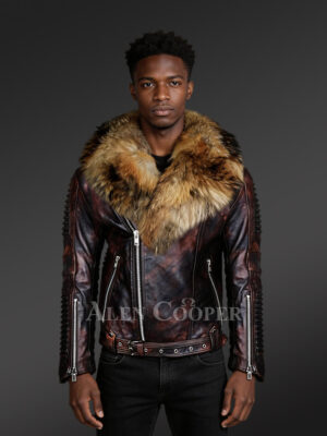 Leather Jacket with Belt and Fur Collar