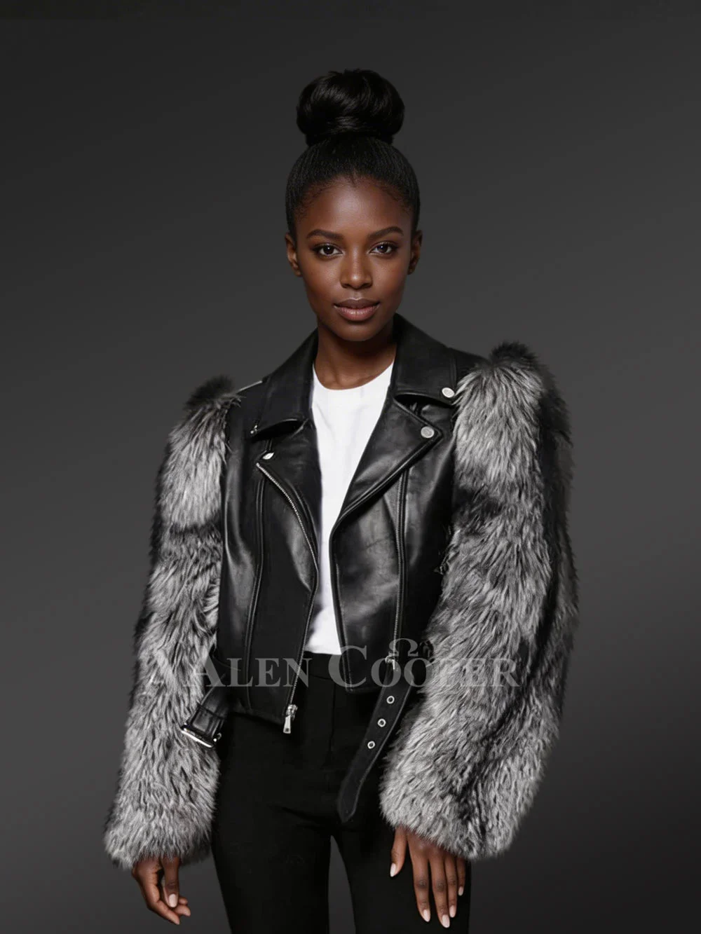 Leather Jacket with Fox Fur Sleeves