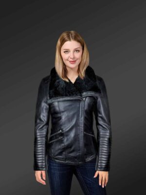 Women's Leather Motorcycle jacket Shearling Collar. Made from Lambskin and Shearling Collar Women's Leather Motorcycle jacket