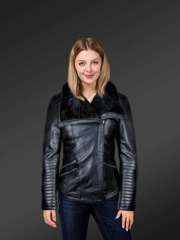 Women's Leather Motorcycle jacket Shearling Collar. Made from Lambskin and Shearling Collar Women's Leather Motorcycle jacket