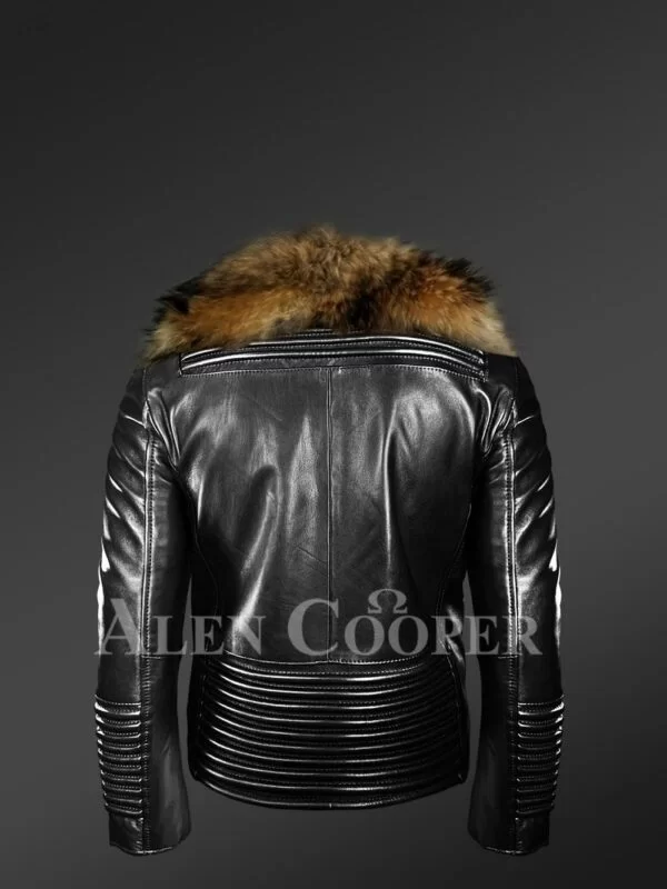 Leather Biker Jacket with Fur in Shawl Style Collar - Image 4