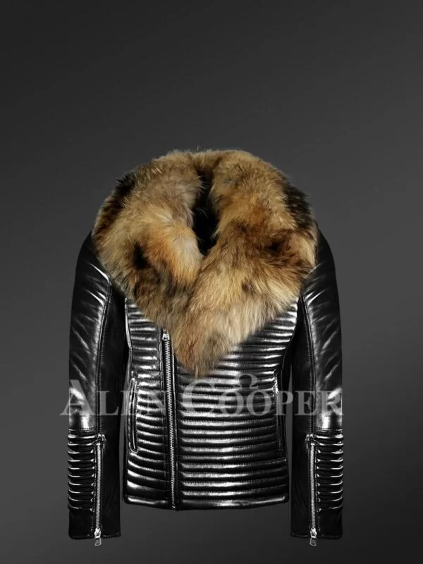 Leather Biker Jacket with Fur in Shawl Style Collar - Image 2
