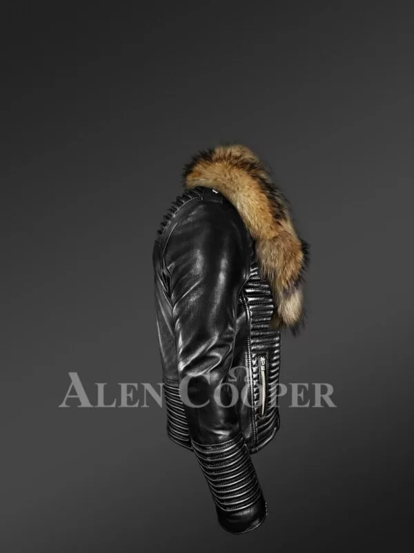 Leather Biker Jacket with Fur in Shawl Style Collar - Image 3
