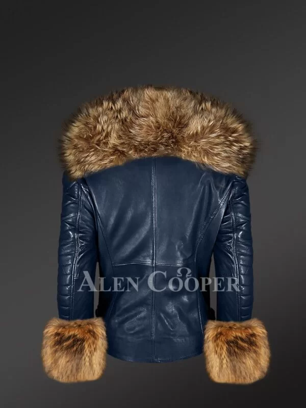 Leather Moto Jacket with Spectacular Raccoon Fur Collar and Cuffs - Image 4