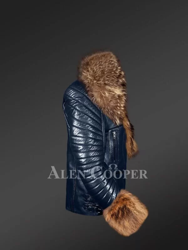 Leather Moto Jacket with Spectacular Raccoon Fur Collar and Cuffs - Image 3