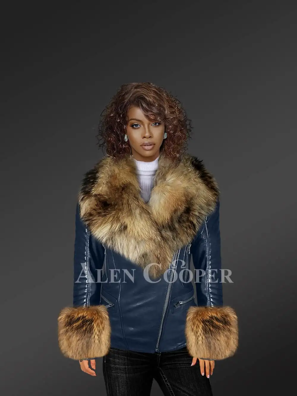 Leather Moto Jacket with Spectacular Raccoon Fur Collar
