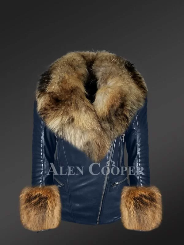 Leather Moto Jacket with Spectacular Raccoon Fur Collar and Cuffs - Image 2