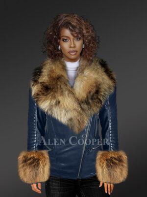 Leather Moto Jacket with Spectacular Raccoon Fur Collar and Cuffs