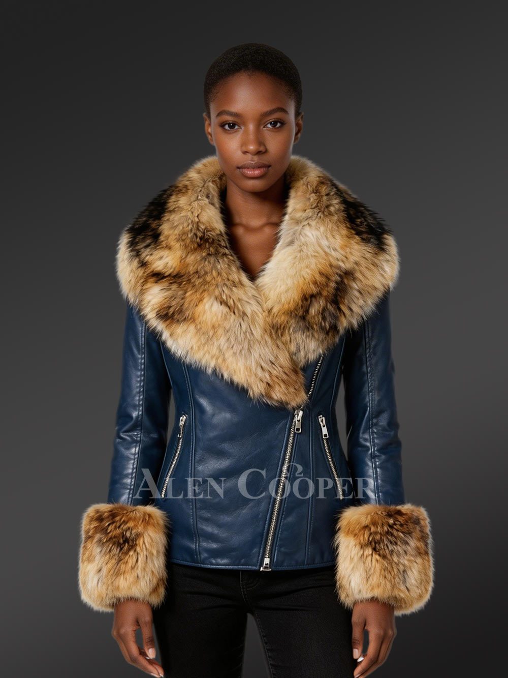 Leather Moto Jacket with Spectacular Raccoon Fur Collar and Cuffs