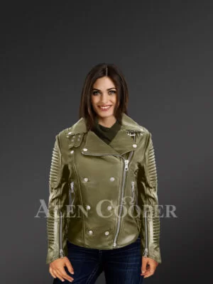 Leather Moto jackets for women in Olive