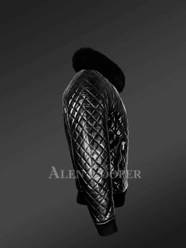 Leather Quilted Bomber Jacket with Fox Fur Collar - Image 2