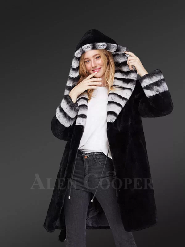 Womens Coat in Rex Rabbit Fur with Hood - Image 6