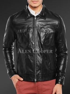 Luxury super shiny real leather jacket for men Black