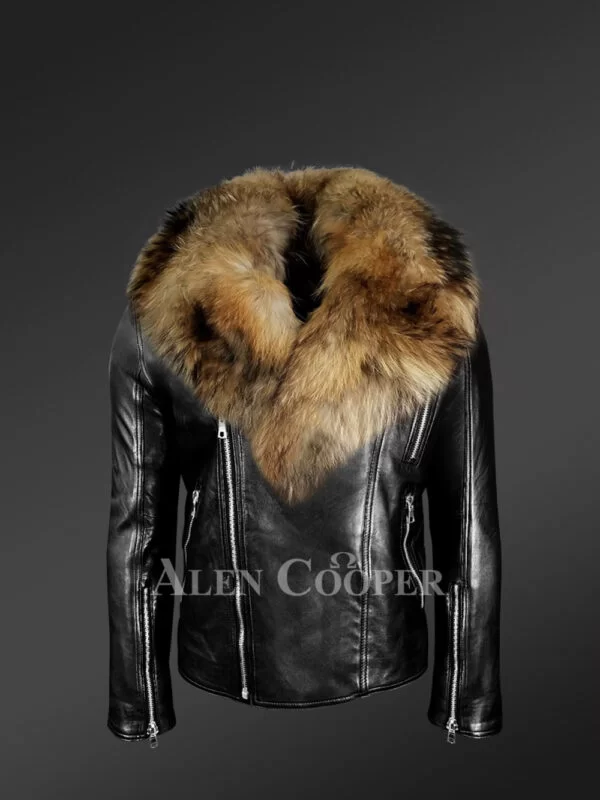 Mens Biker Jacket with Detachable Raccoon Fur Collar - Image 2