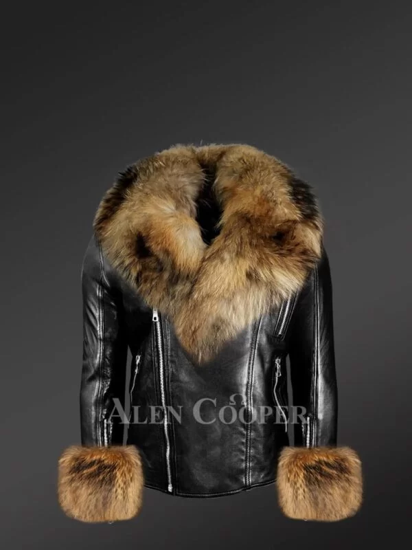 Black Leather Biker Jacket with Fur Details on Cuffs and Collar - Image 2