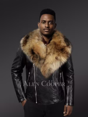 Mens Biker Jacket with Detachable Raccoon Fur Collar