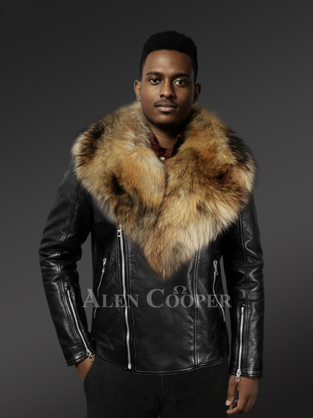 Mens Biker Jacket with Detachable Raccoon Fur Collar