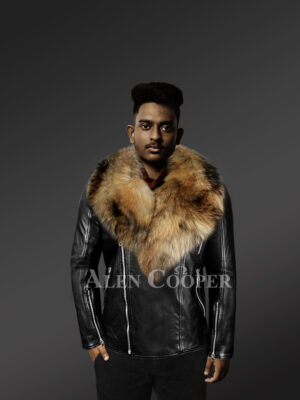 Mens Biker Jacket with Detachable Raccoon Fur Collar