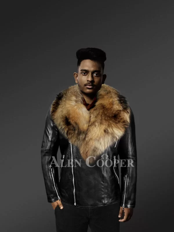 Mens Biker Jacket with Detachable Raccoon Fur Collar