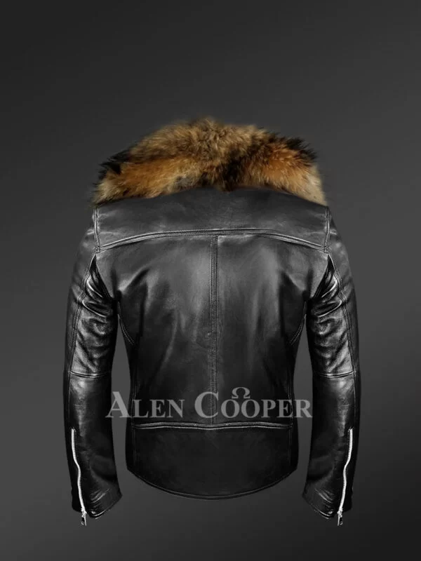 Mens Biker Jacket with Detachable Raccoon Fur Collar - Image 4