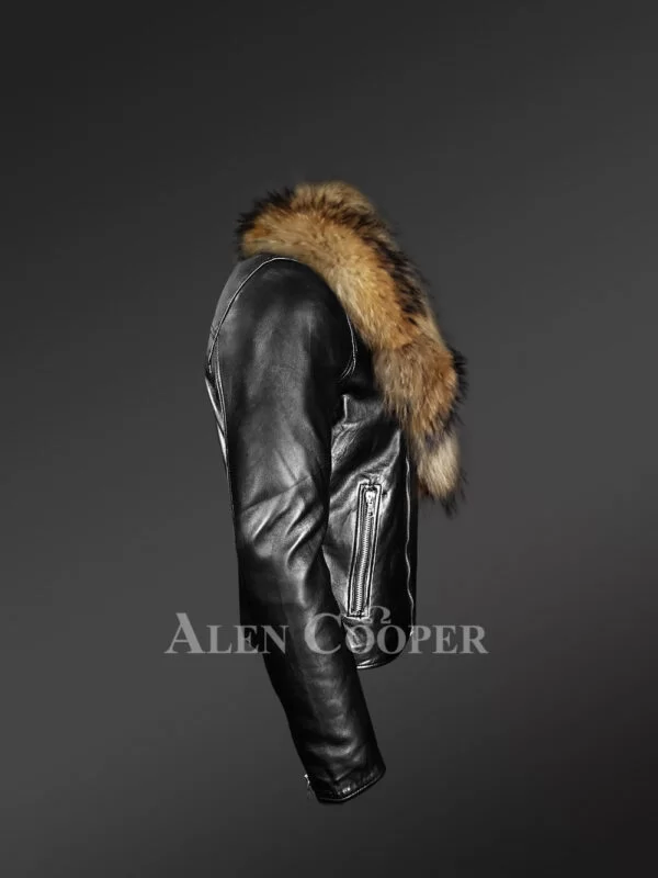 Mens Biker Jacket with Detachable Raccoon Fur Collar - Image 3