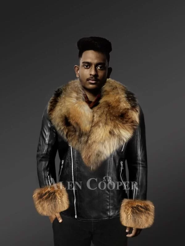 Men’s Chic leather jackets with genuine fur collar and handcuffs