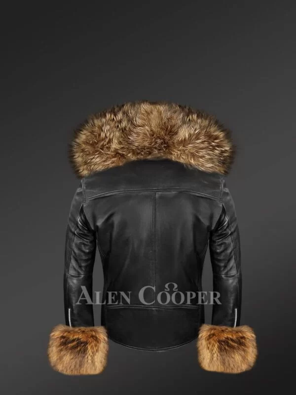 Black Leather Biker Jacket with Fur Details on Cuffs and Collar - Image 4