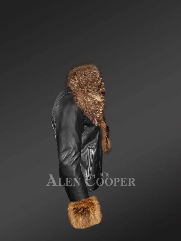 Black Leather Biker Jacket with Fur Details on Cuffs and Collar - Image 3